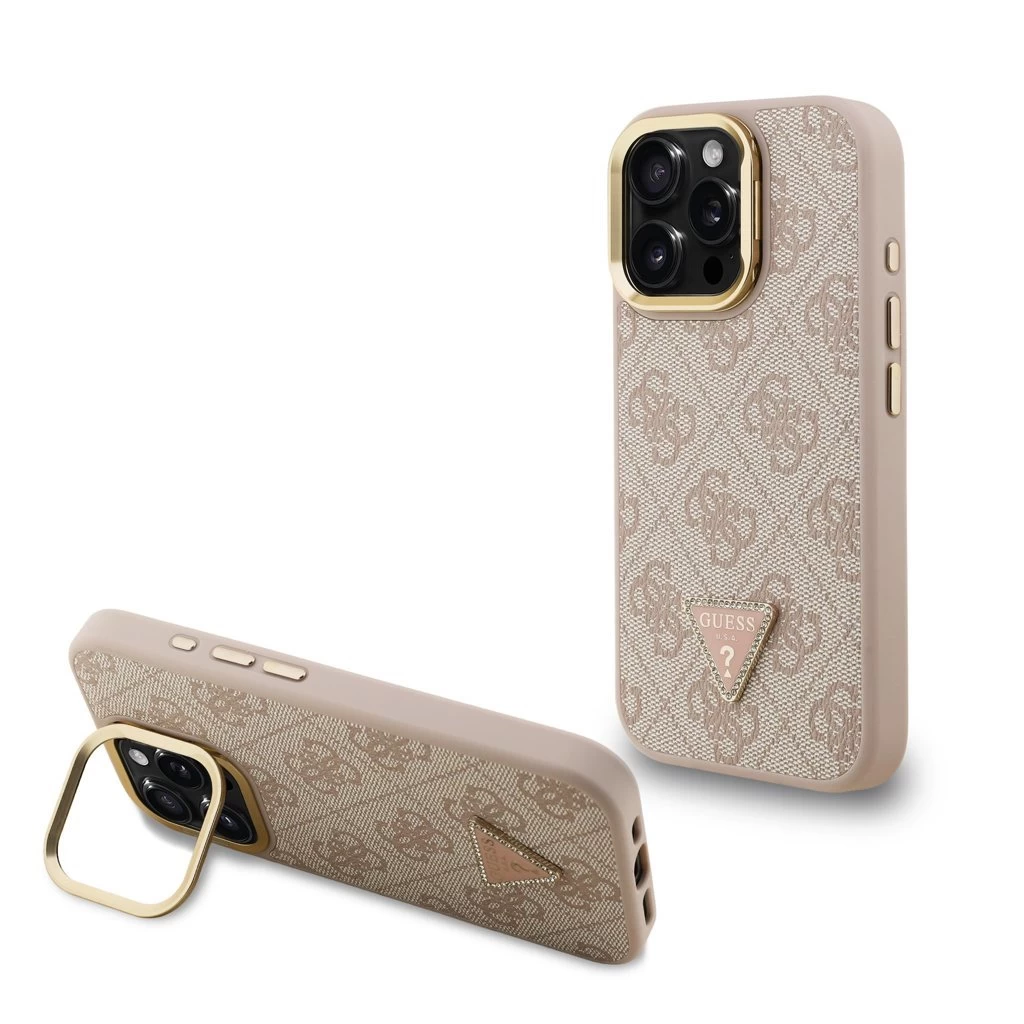 Guess PU 4G Strass Triangle Logo Stand Camera Frame MagSafe tok iPhone 16 Pro Max készülékhez rózsaszín