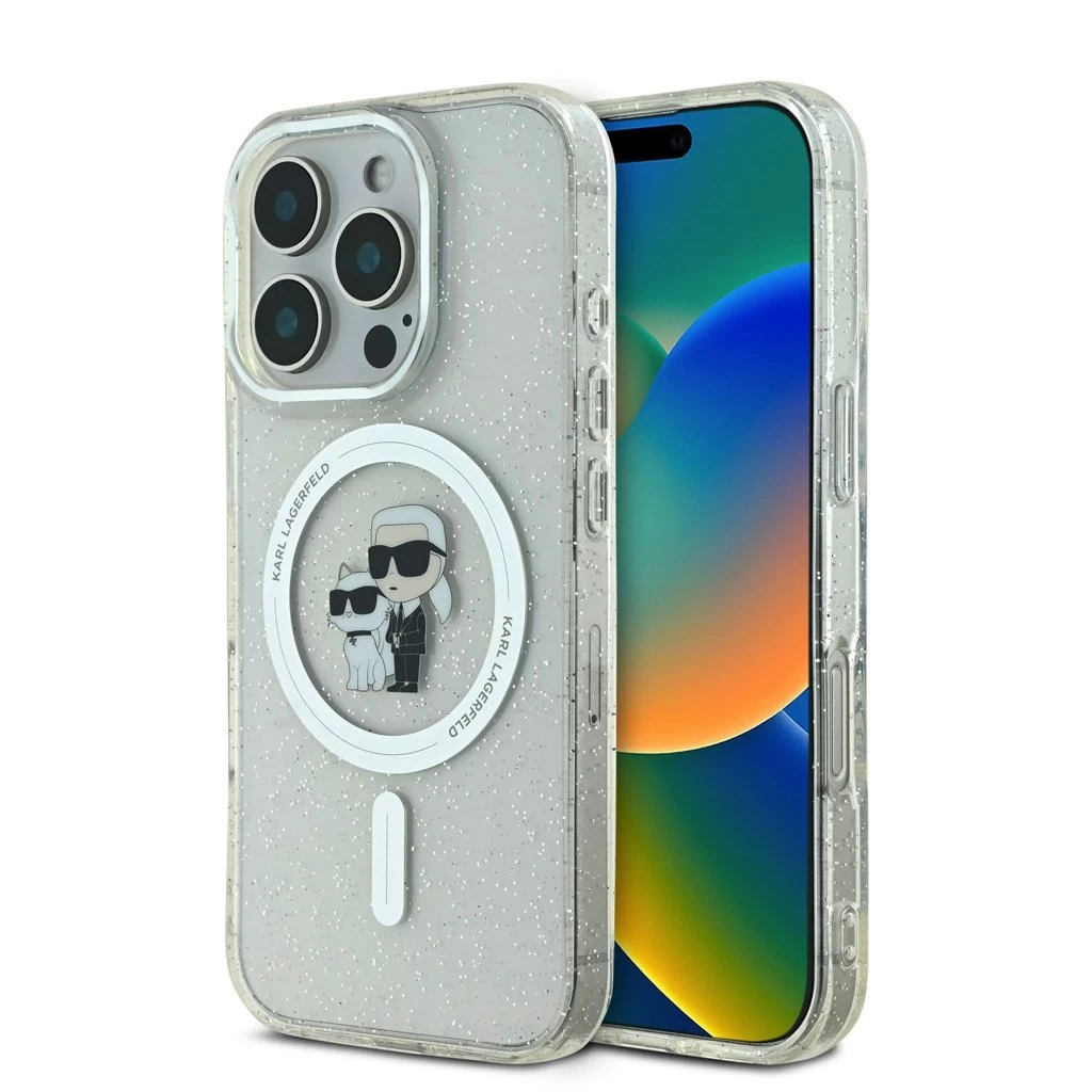 Karl Lagerfeld IML Glitter Karl and Choupette MagSafe tok iPhone 16 Pro készülékhez átlátszó
