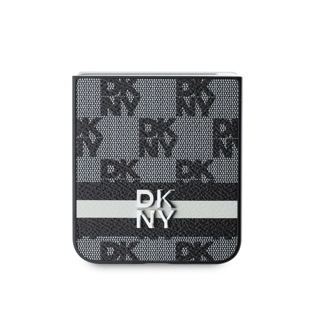 DKNY PU Leather Checkered Pattern and Stripe tok Samsung Galaxy Z Flip 6 készülékhez fekete