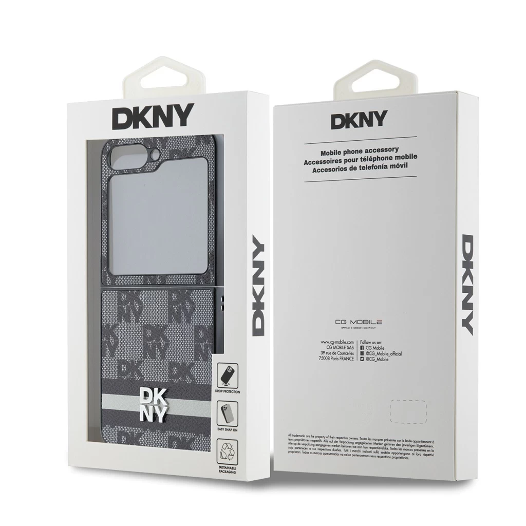 DKNY PU Leather Checkered Pattern and Stripe tok Samsung Galaxy Z Flip 6 készülékhez fekete