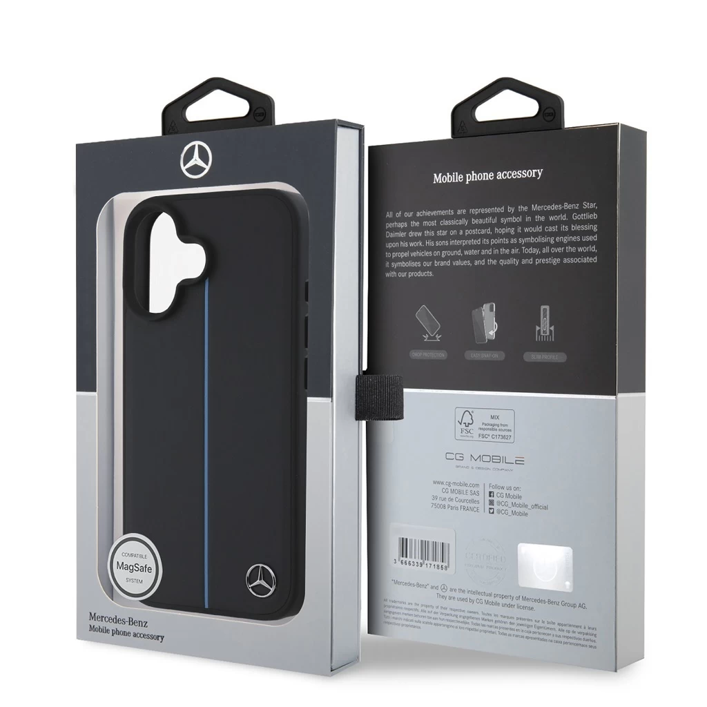 Mercedes Leather Blue Stripe MagSafe tok iPhone 16 készülékhez fekete