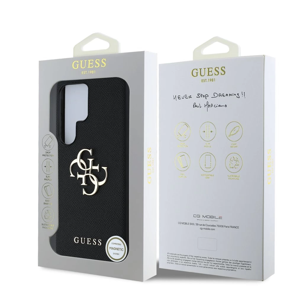 Guess PU Grained 4G Metal Logo tok Samsung Galaxy S25 Ultra készülékhez fekete