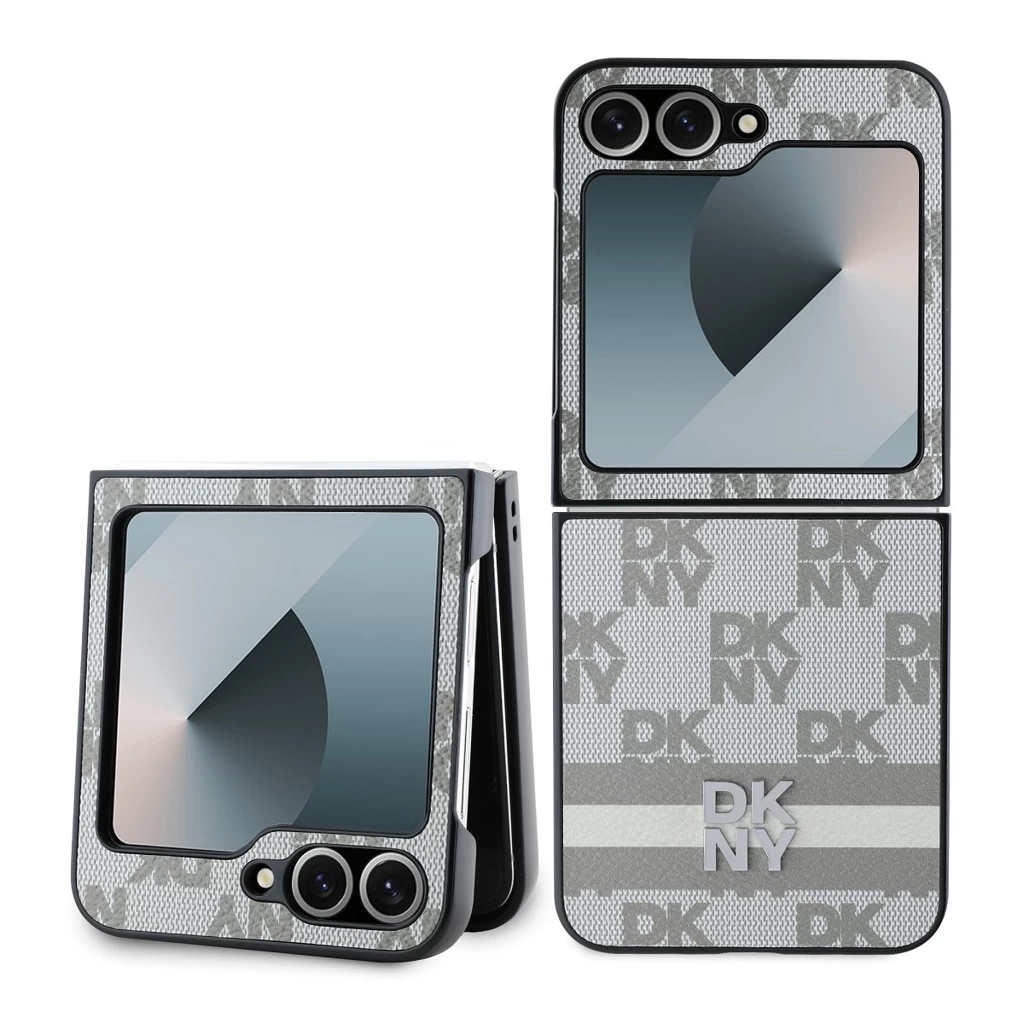 DKNY PU Leather Checkered Pattern and Stripe tok Samsung Galaxy Z Flip 6 készülékhez bézs