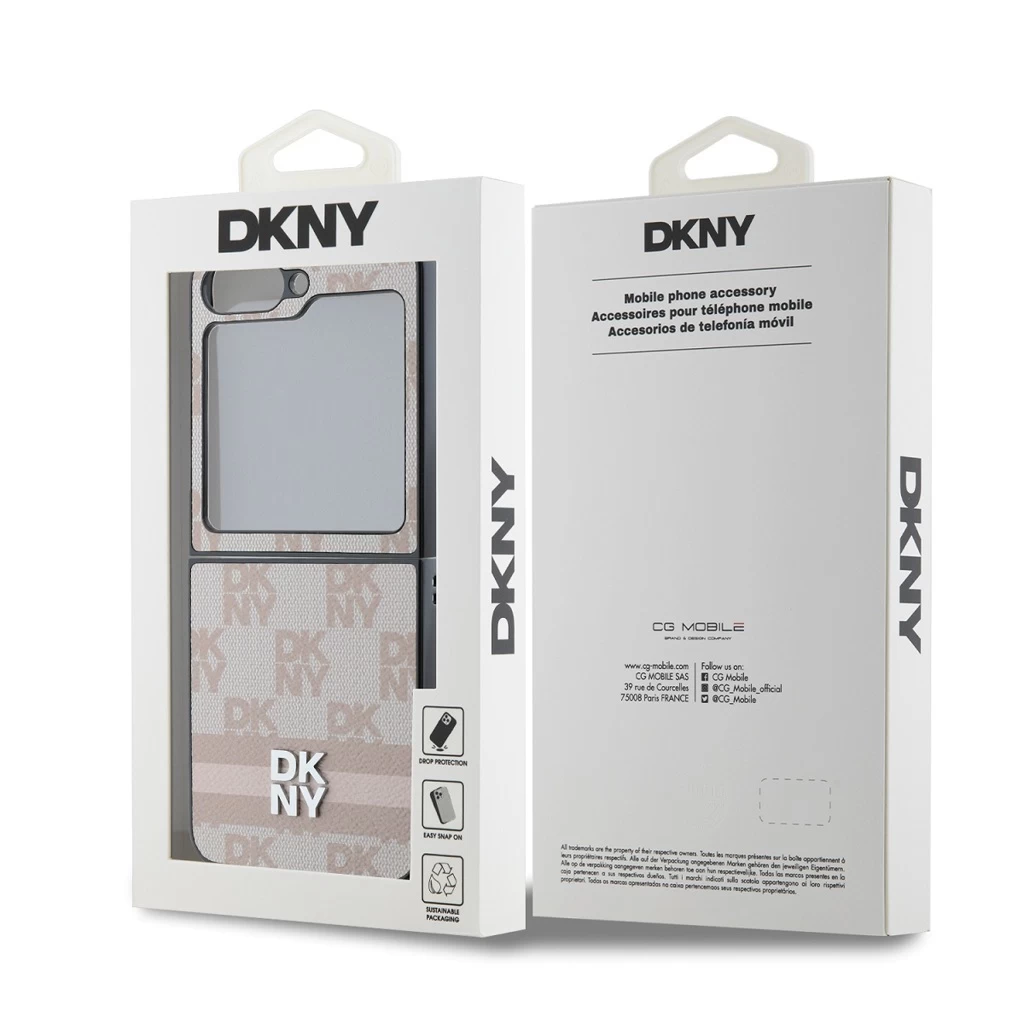 DKNY PU bőr Checkered Pattern and Stripe tok Samsung Galaxy Z Flip 6 készülékhez rózsaszín