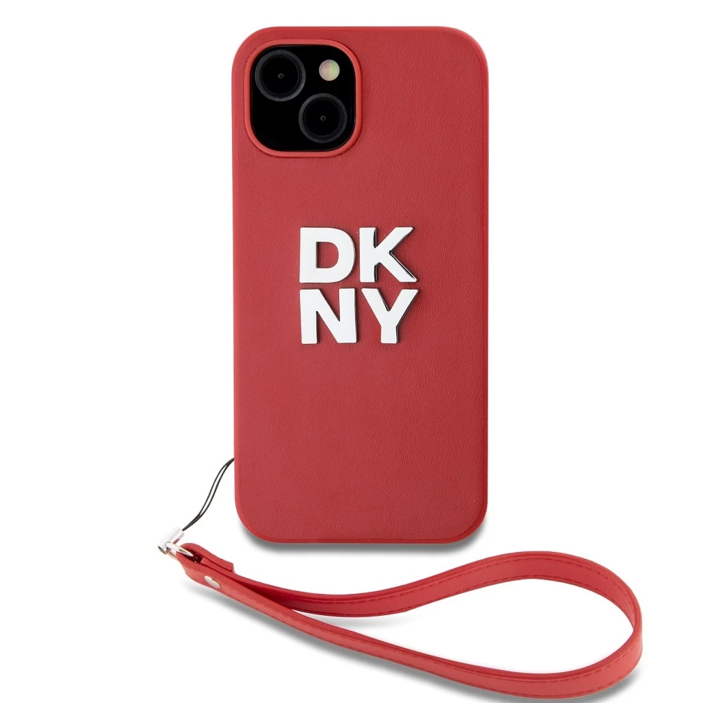 DKNY PU bőr Stack Logo csuklópántos tok iPhone 15 készülékhez piros