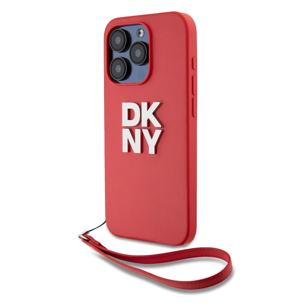 DKNY PU Leather Stack Logo Wrist Strap tok iPhone 15 Pro készülékhez piros