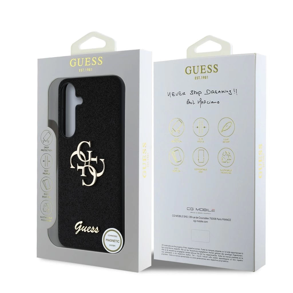 Guess PU Fixed Glitter 4G Metal Logo tok Samsung Galaxy S25+ készülékhez fekete