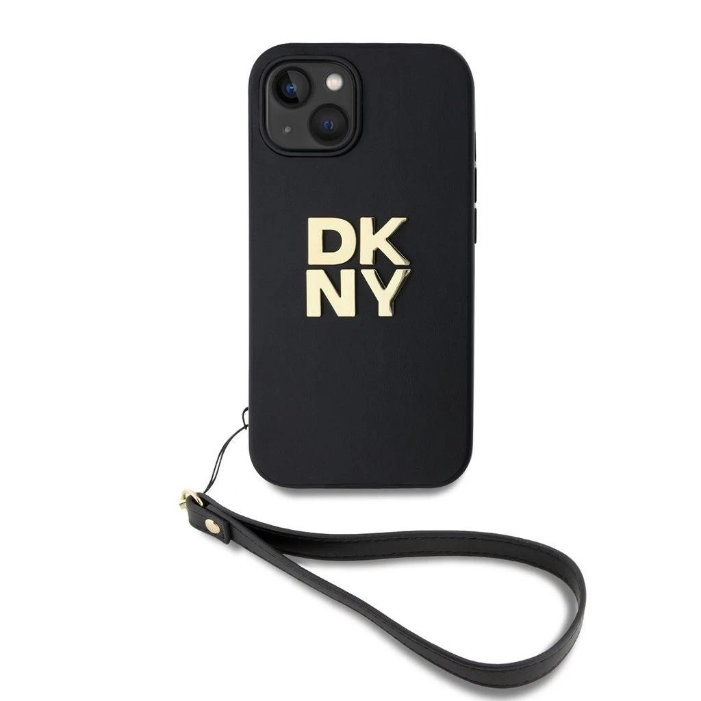 DKNY PU Leather Stack Logo Wrist Strap tok iPhone 14 készülékhez fekete