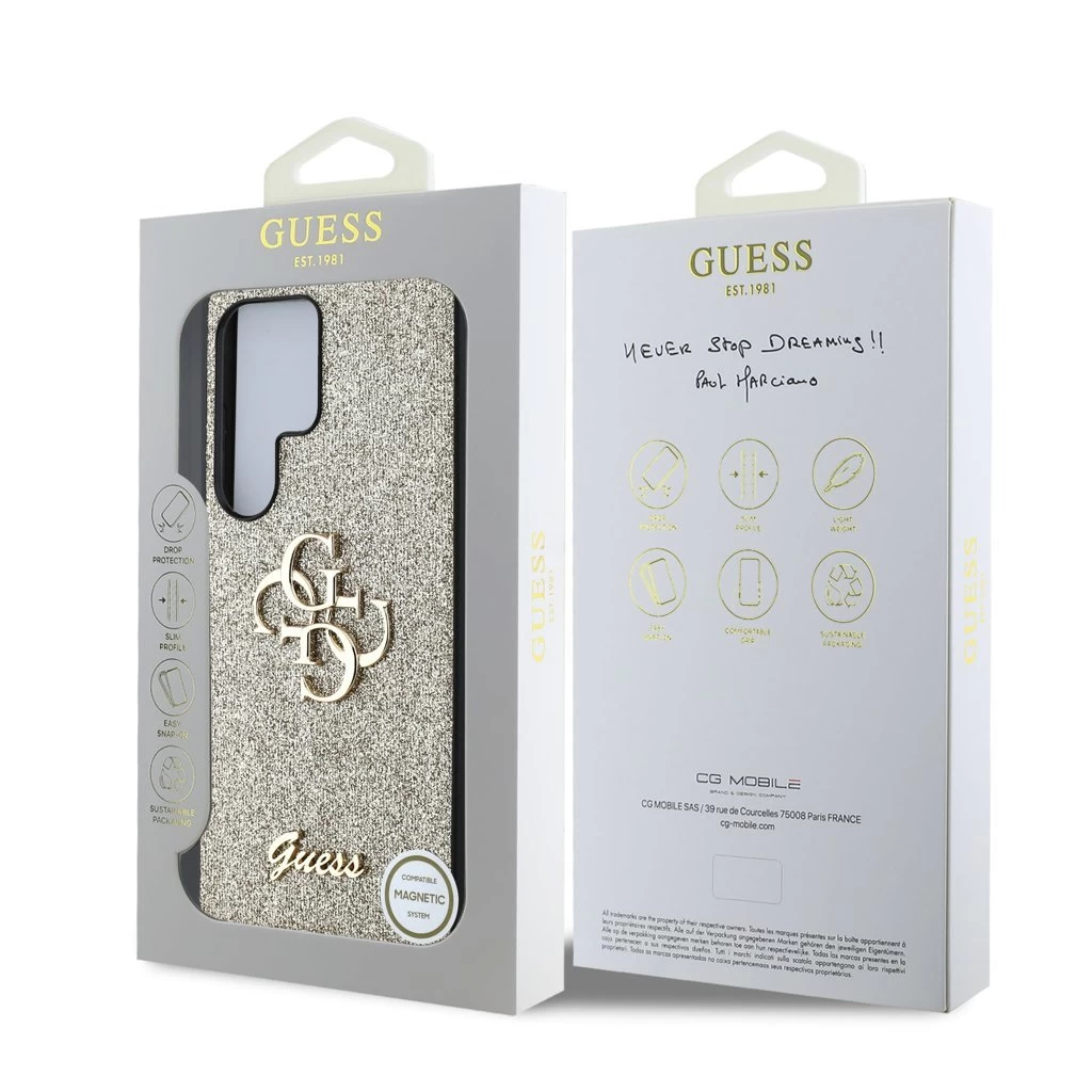 Guess PU Fixed Glitter 4G Metal Logo tok Samsung Galaxy S25 Ultra készülékhez arany