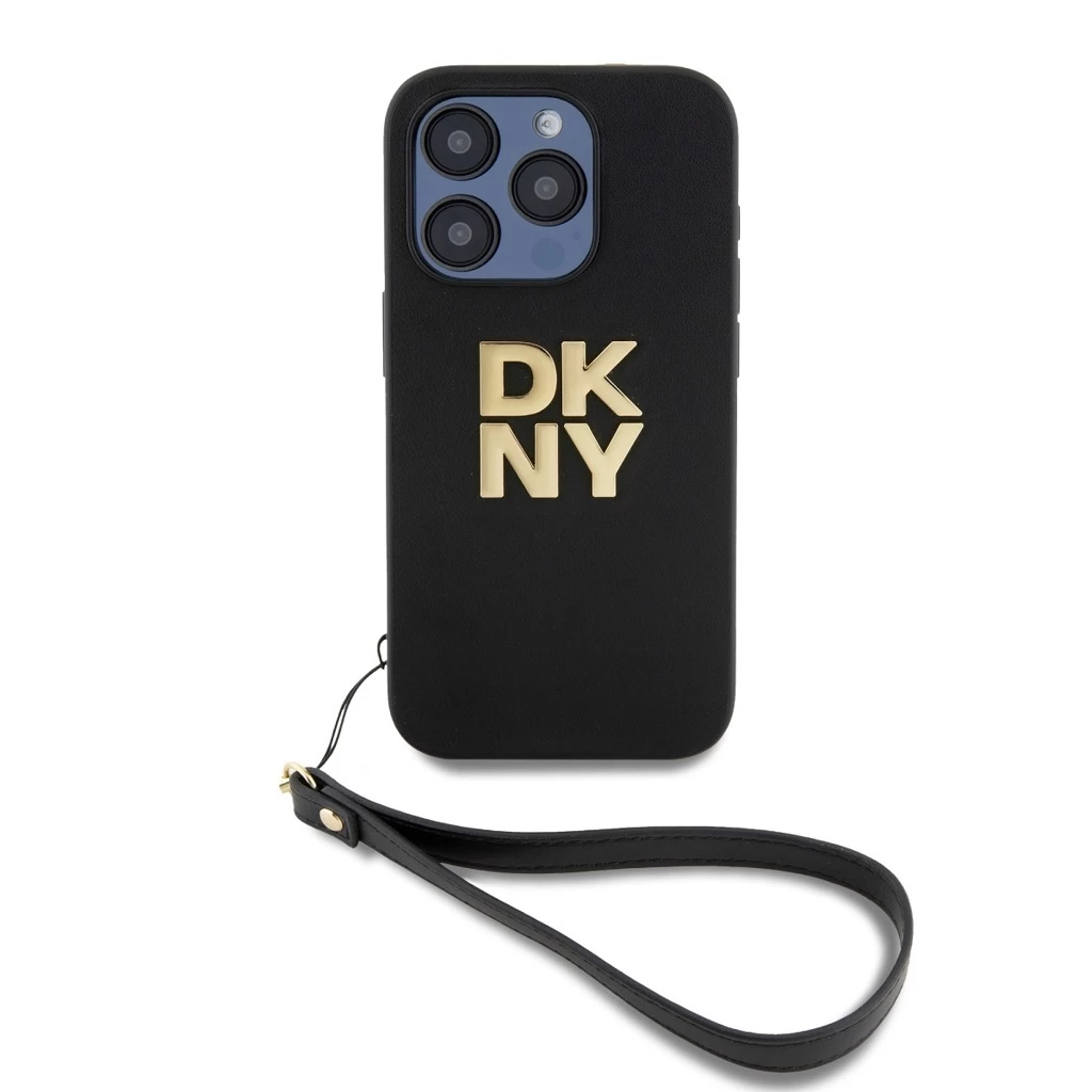 DKNY PU bőr Stack Logo csuklópántos tok iPhone 14 Pro Max készülékhez fekete