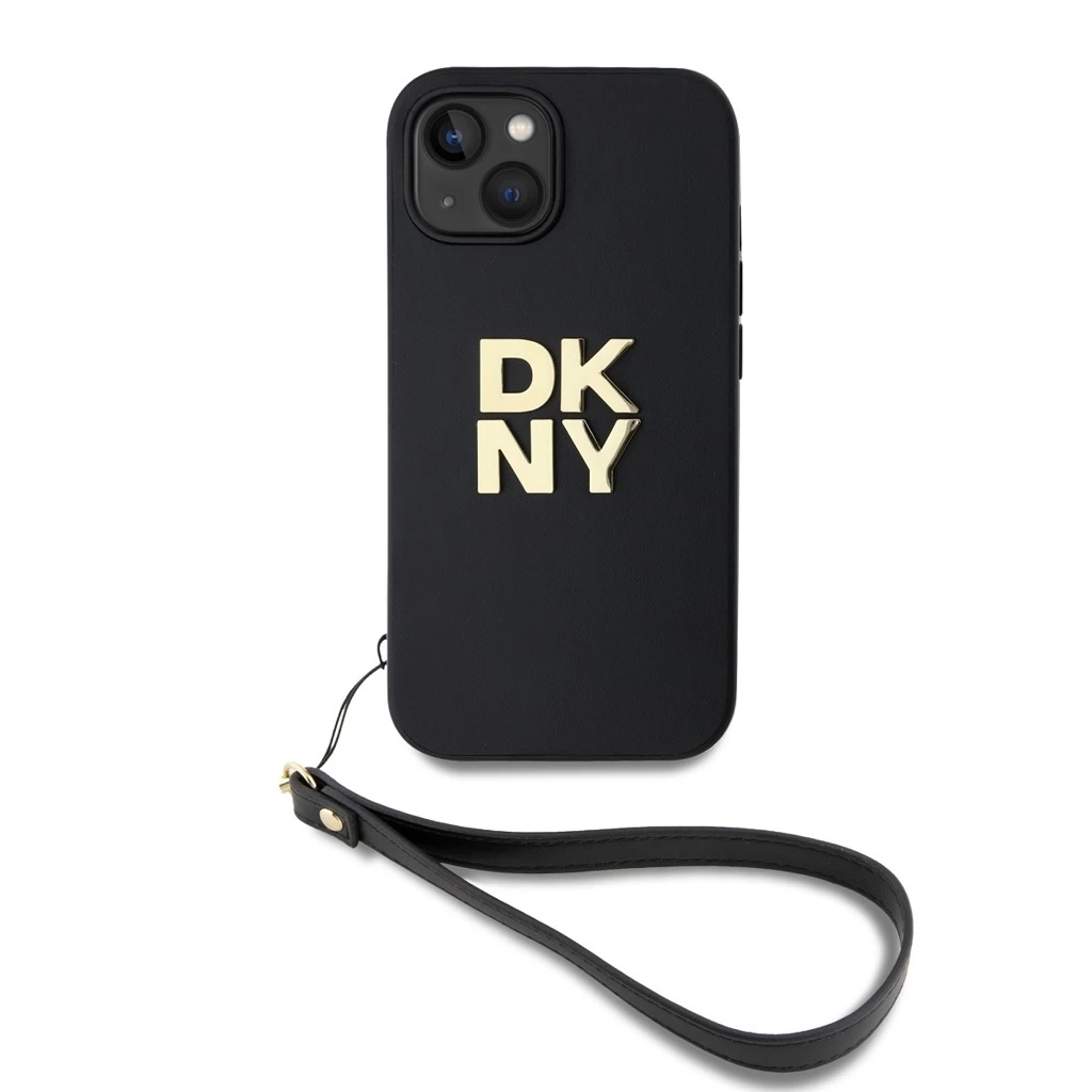 DKNY PU Leather Stack Logo csuklópántos tok iPhone 15 készülékhez fekete