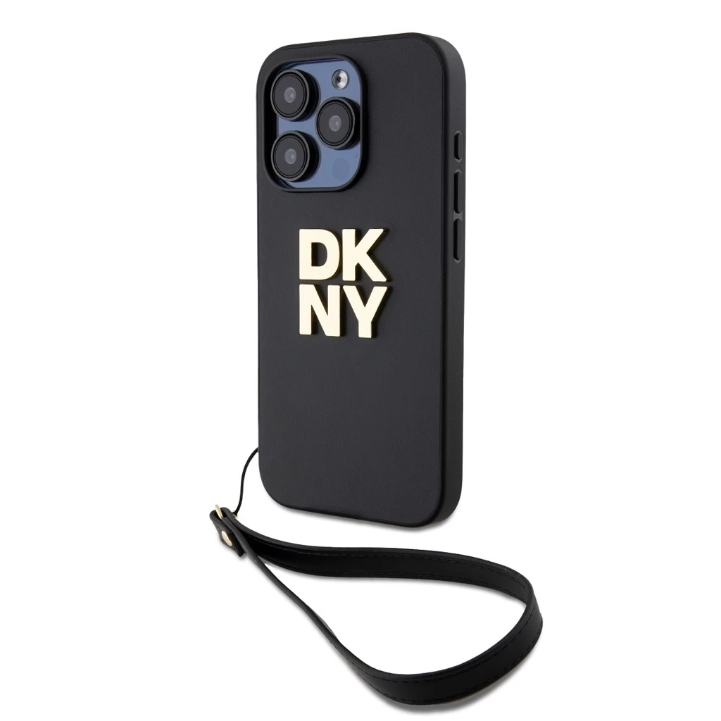 DKNY PU bőr Stack Logo csuklópántos tok iPhone 15 Pro készülékhez fekete