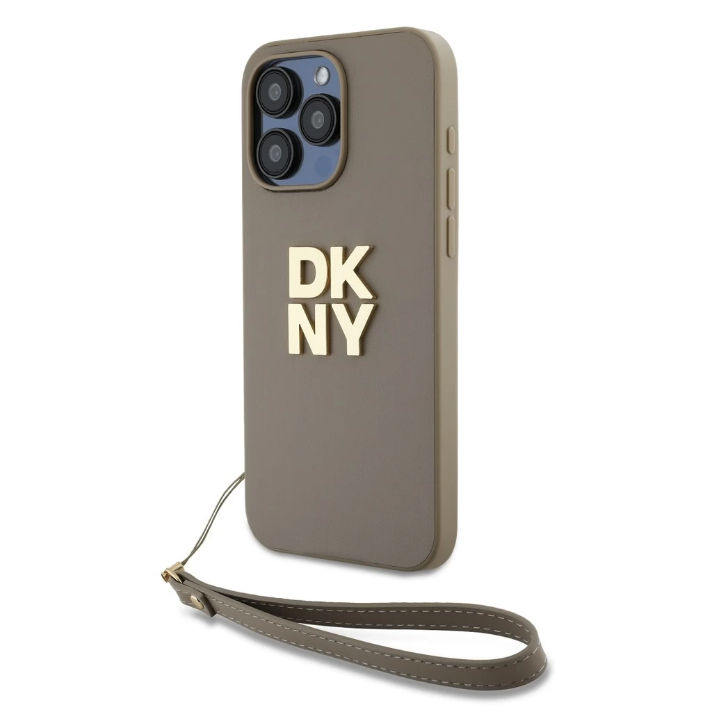 DKNY PU bőr Stack Logo csuklópántos tok iPhone 14 Pro Max készülékhez bézs