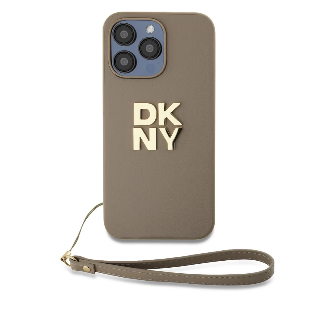 DKNY PU bőr Stack Logo csuklópántos tok iPhone 14 Pro Max készülékhez bézs