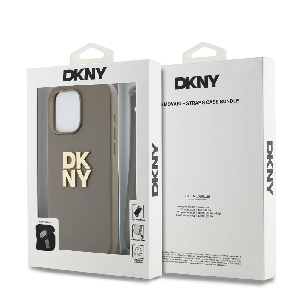 DKNY PU bőr Stack Logo csuklópántos tok iPhone 14 Pro Max készülékhez bézs