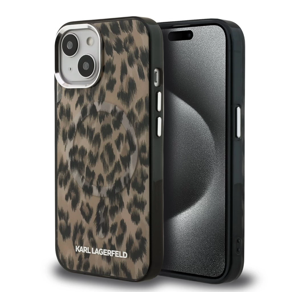 Karl Lagerfeld IML Leopard MagSafe tok iPhone 15 készülékhez barna