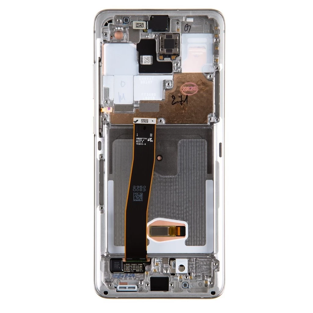 LCD kijelző + érintő egység + előlapi tok + előlapi kamera Samsung G988 Galaxy S20 Ultra készülékhez kozmikus fehér (Service Pack)