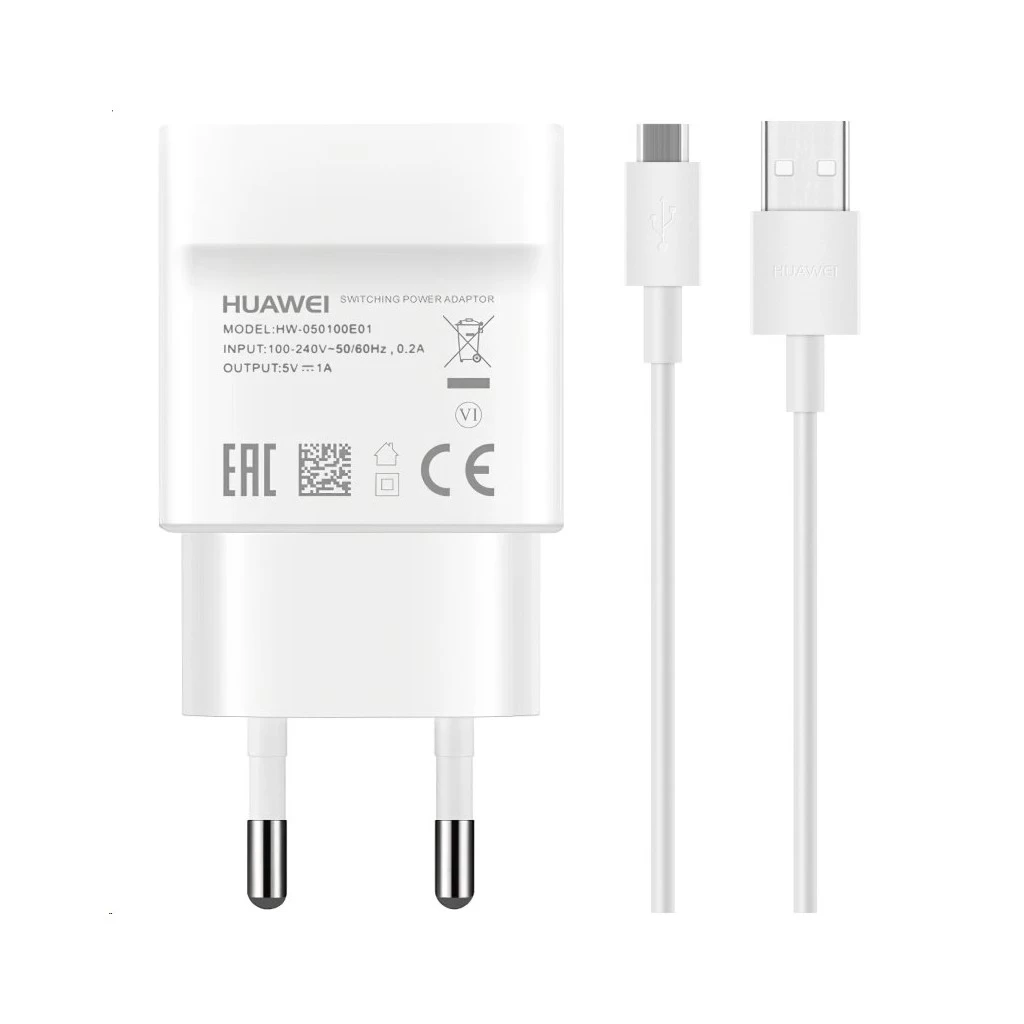 HW-050100E01W Huawei USB utazó töltő + microUSB kábel fehér (Service Pack)