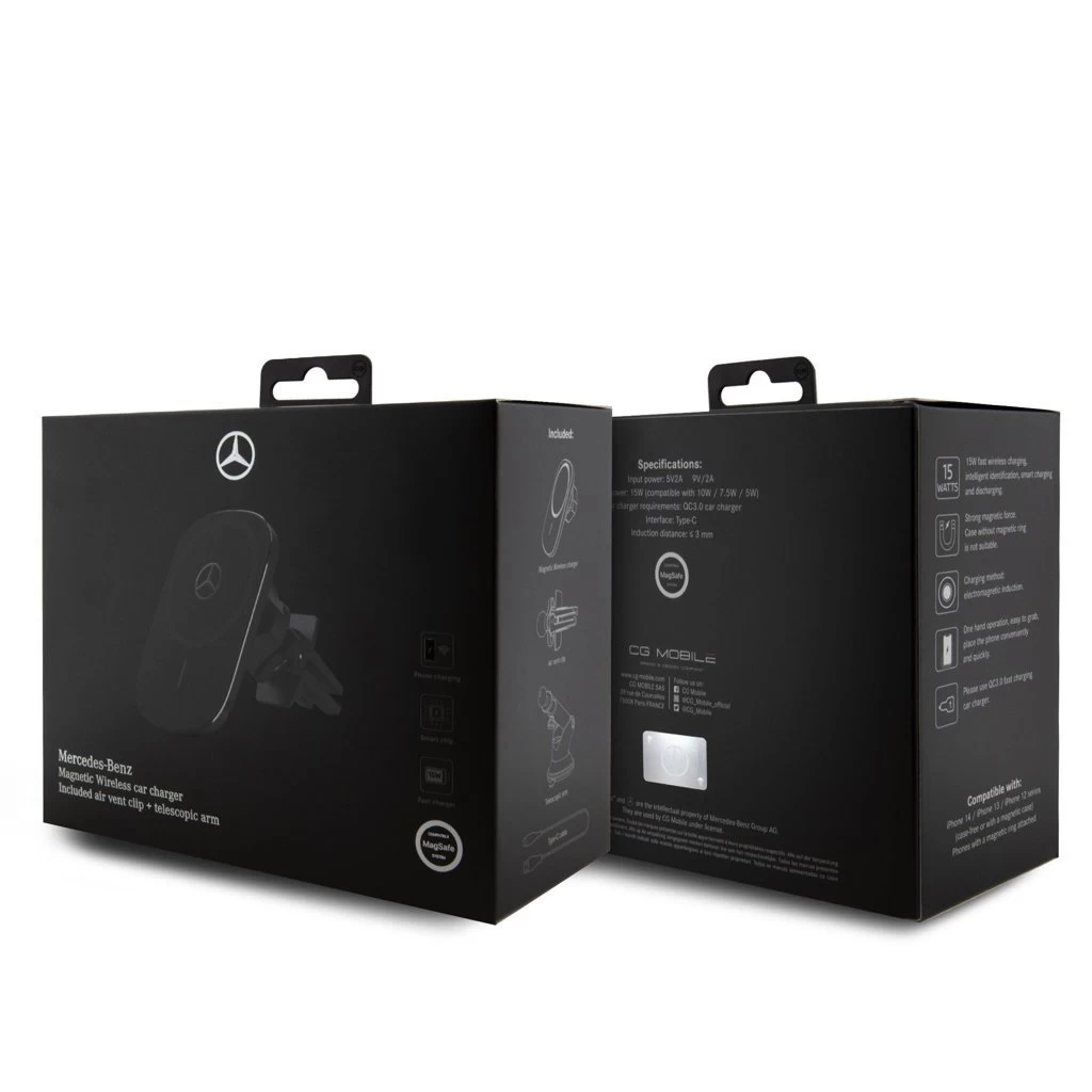 Mercedes Magnetic autós tartó 15W vezeték nélküli töltéssel, fekete