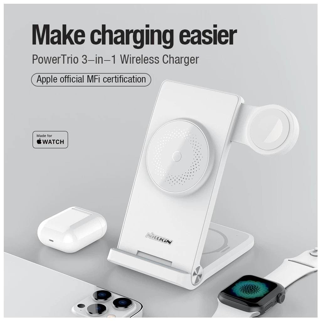 Nillkin PowerTrio 3in1 Vezeték nélküli töltő MagSafe Apple Watch készülékhez fehér (MFI)