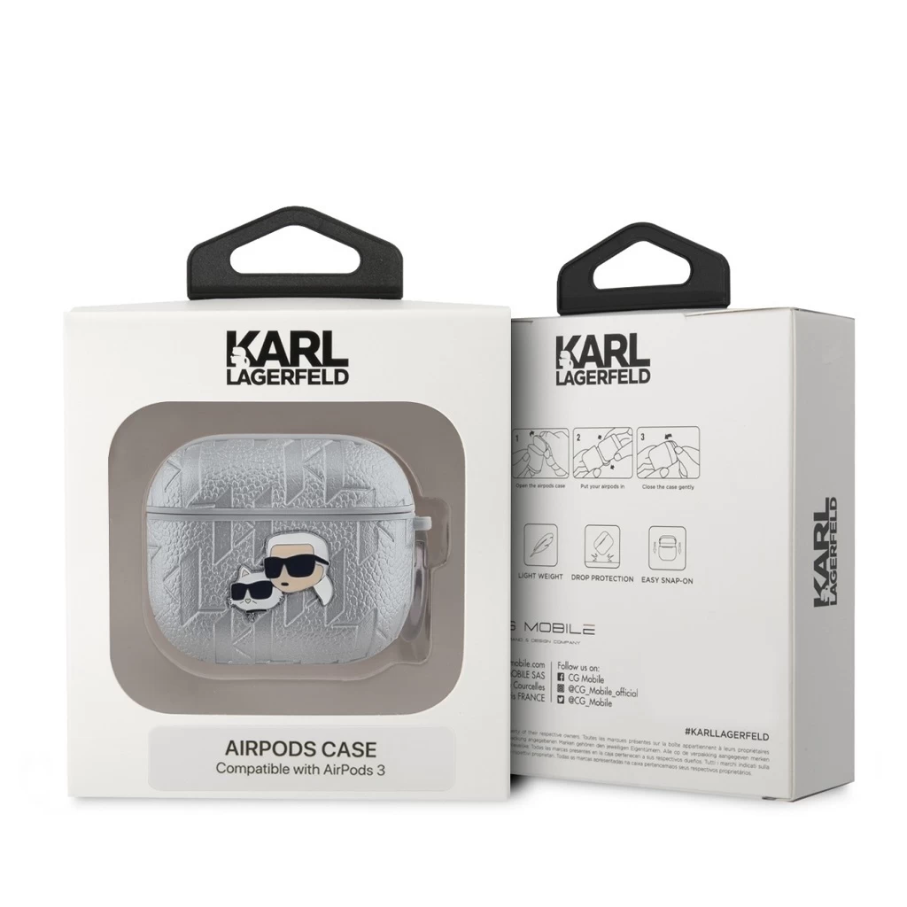 Karl Lagerfeld PU Embossed Karl and Choupette Heads tok AirPods 3 készülékhez ezüst