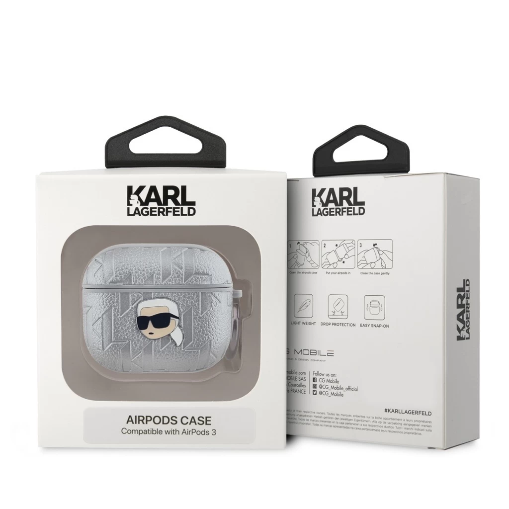 Karl Lagerfeld PU domborított Karl Head tok AirPods 3 készülékhez ezüst