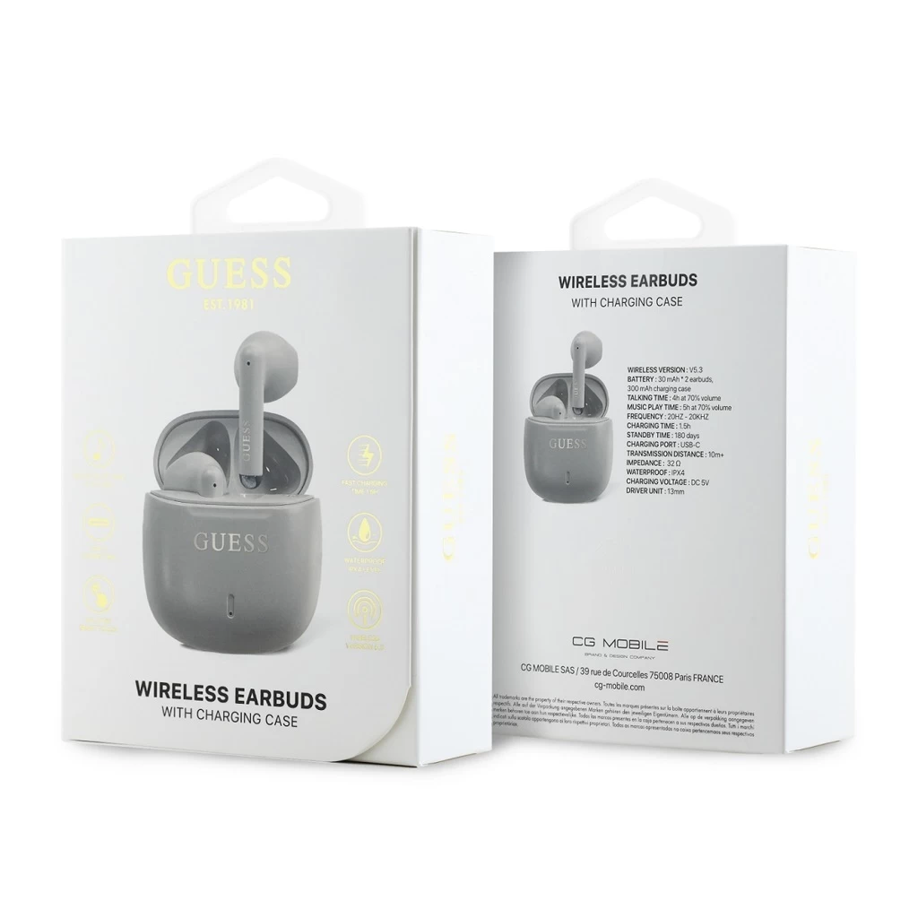 Guess Printed Classic Logo TWS vezeték nélküli fülhallgató, szürkésbarna