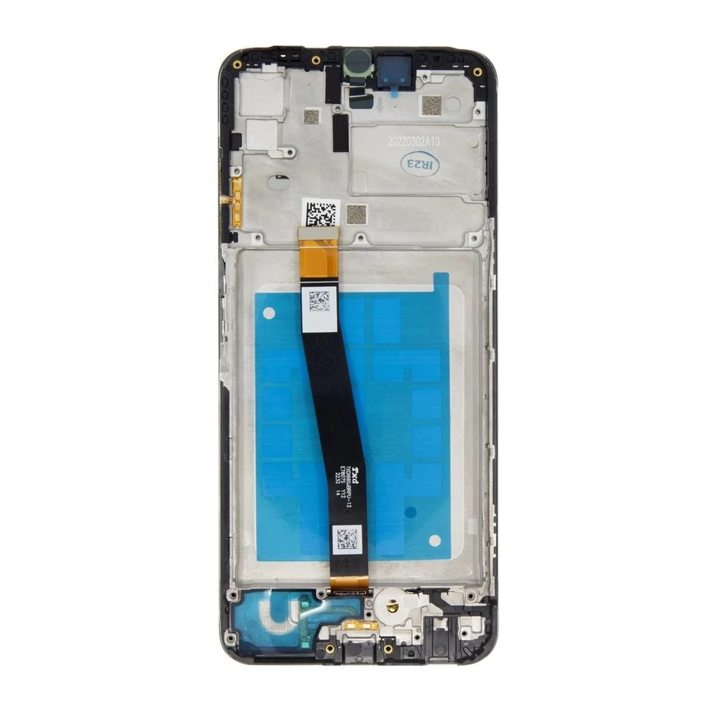 LCD kijelző + érintőegység + előlapi tok Samsung A226 Galaxy A22 5G készülékhez fekete
