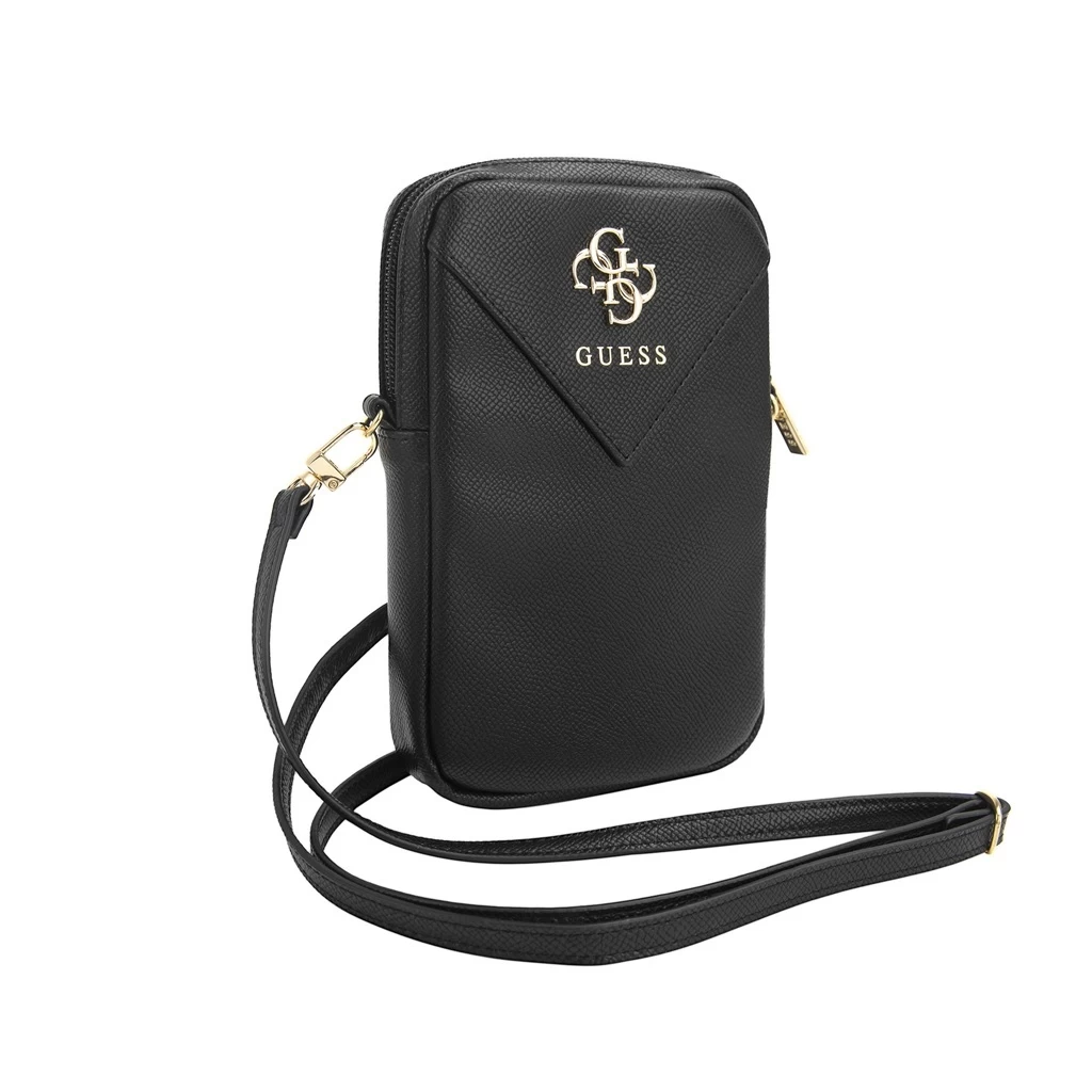 Guess PU Grained 4G Metal Logo pénztárcás telefon táska Zipper fekete