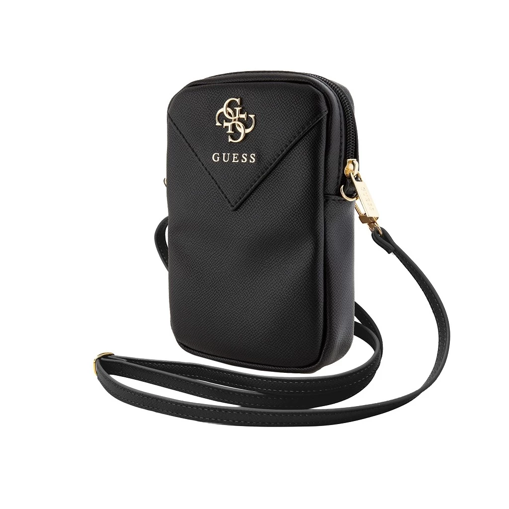 Guess PU Grained 4G Metal Logo pénztárcás telefon táska Zipper fekete