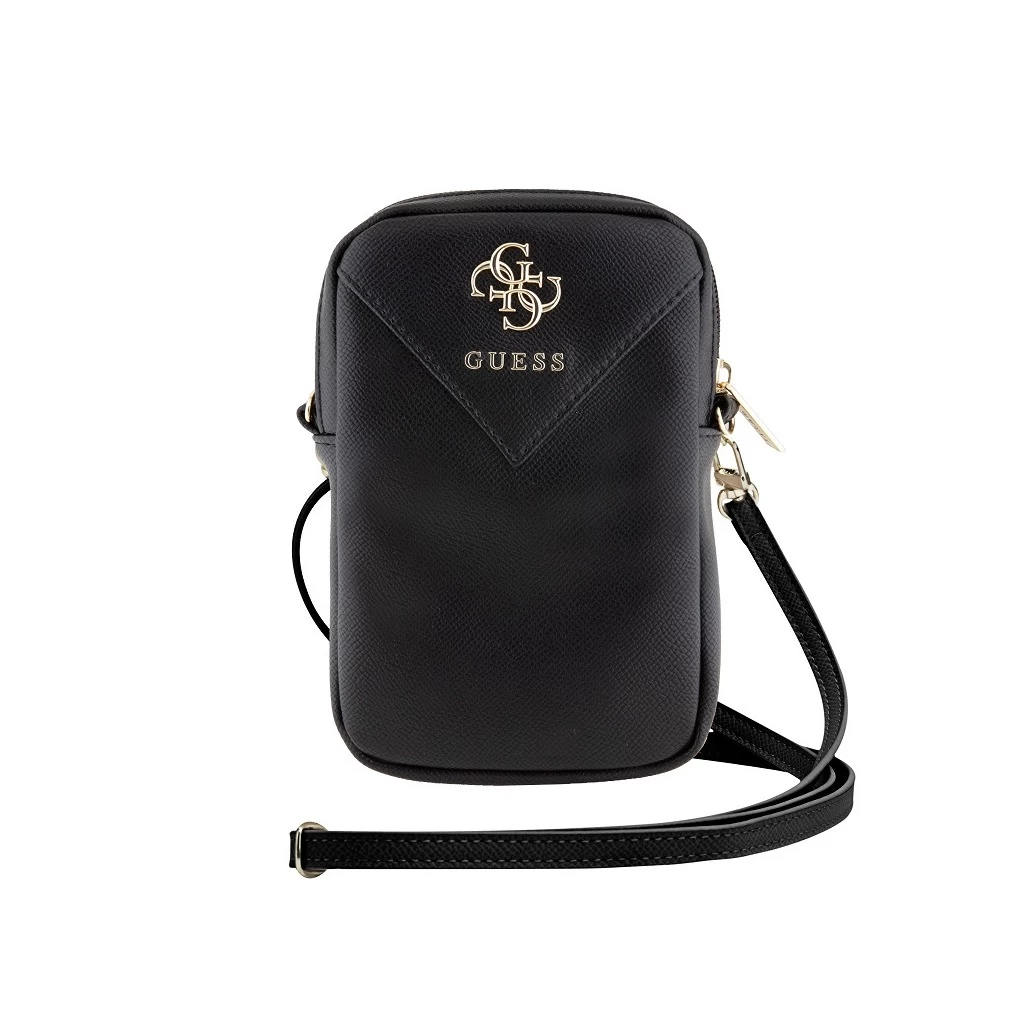 Guess PU Grained 4G Metal Logo pénztárcás telefon táska Zipper fekete