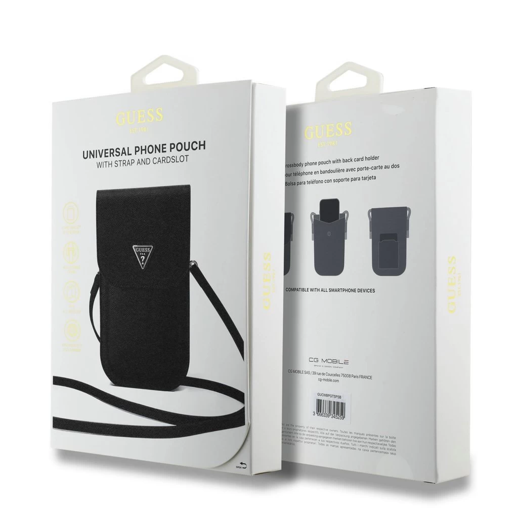 Guess PU Gráncolt Triangle Logo Telefon Táska Fekete