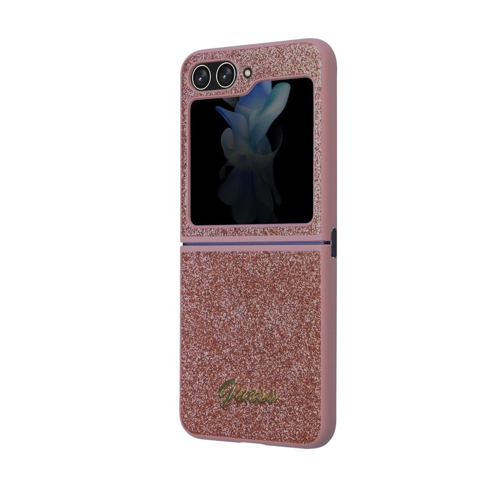 Guess PC/TPU Glitter Flakes Metal Logo tok Samsung Galaxy Z Flip 5 készülékhez rózsaszín