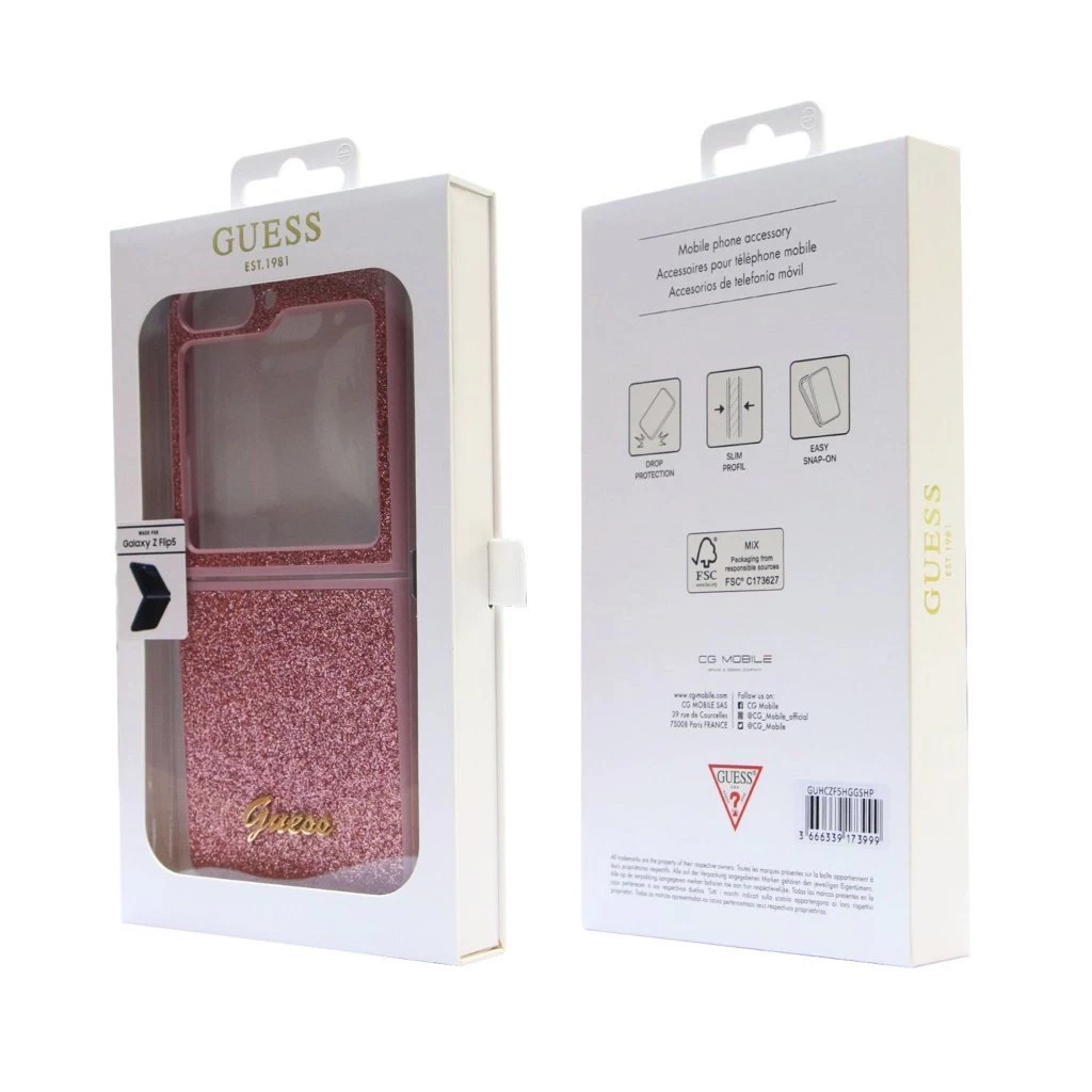 Guess PC/TPU Glitter Flakes Metal Logo tok Samsung Galaxy Z Flip 5 készülékhez rózsaszín