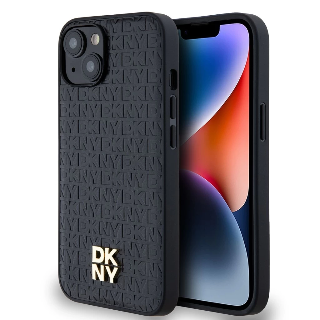 DKNY PU Leather Repeat Pattern Stack Logo MagSafe tok iPhone 14 készülékhez fekete