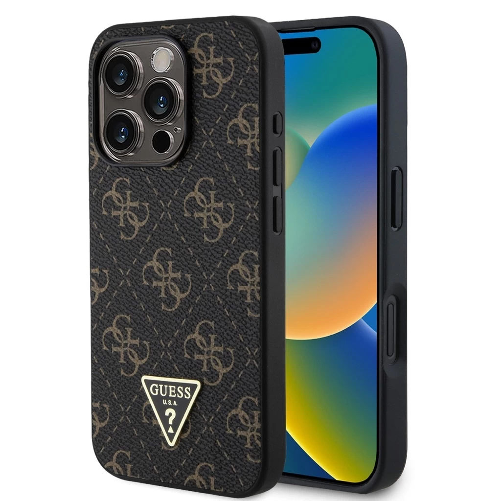 Guess PU bőr 4G Triangle Metal Logo tok iPhone 16 Pro Max készülékhez fekete