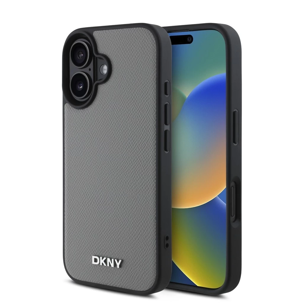 DKNY PU Leather Silver Metal Logo Magsafe tok iPhone 16 készülékhez szürke