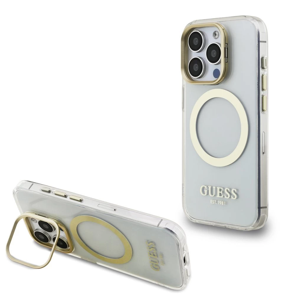 Guess IML Gold Outline Stand Camera Frame MagSafe tok iPhone 15 Pro készülékhez átlátszó