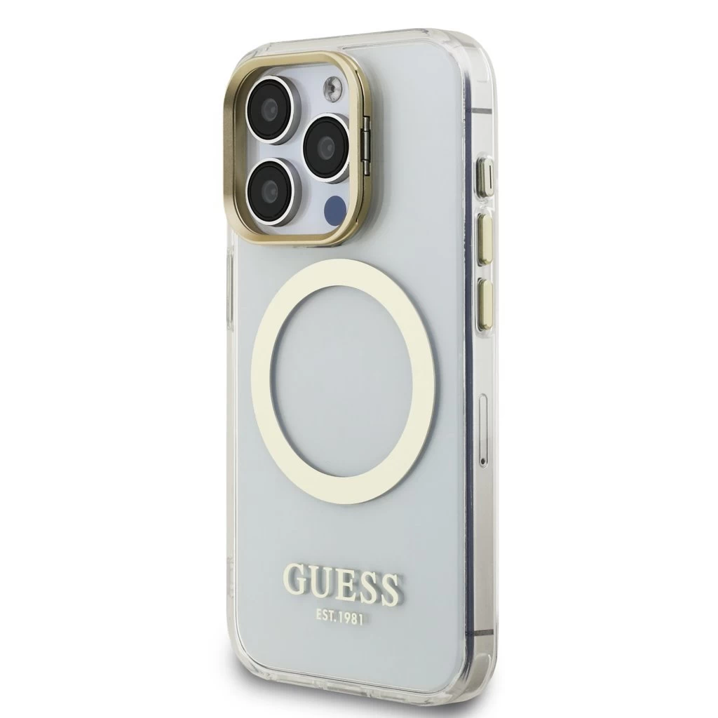 Guess IML Gold Outline Stand Camera Frame MagSafe tok iPhone 15 Pro készülékhez átlátszó