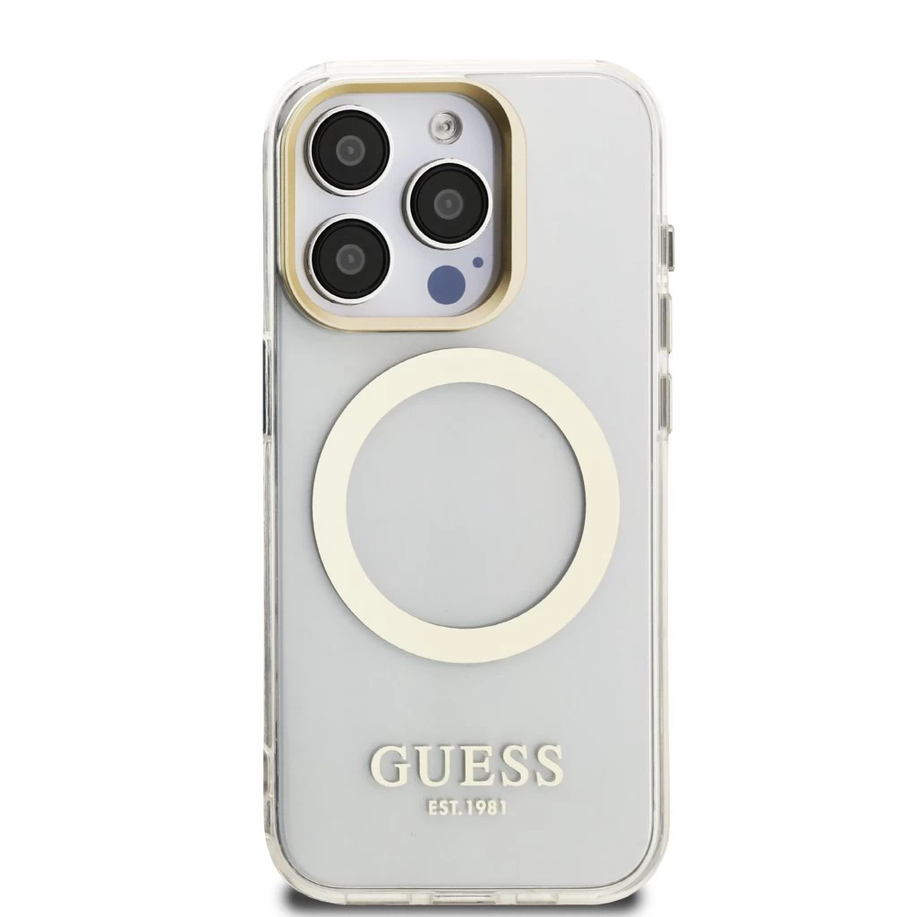 Guess IML Gold Outline Stand Camera Frame MagSafe tok iPhone 15 Pro készülékhez átlátszó