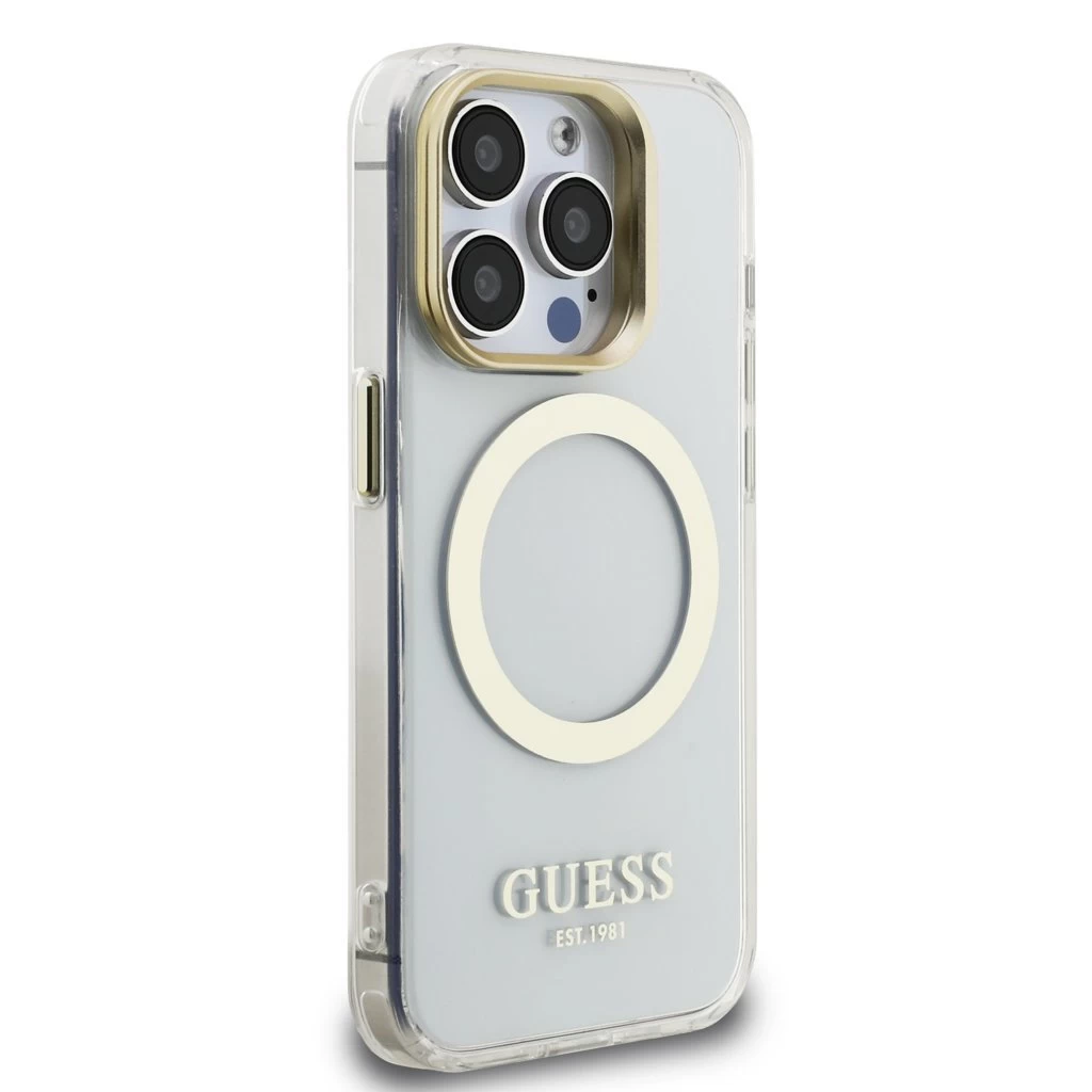 Guess IML Gold Outline Stand Camera Frame MagSafe tok iPhone 15 Pro készülékhez átlátszó