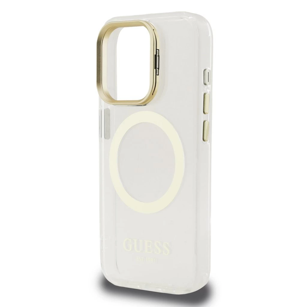 Guess IML Gold Outline Stand Camera Frame MagSafe tok iPhone 15 Pro készülékhez átlátszó