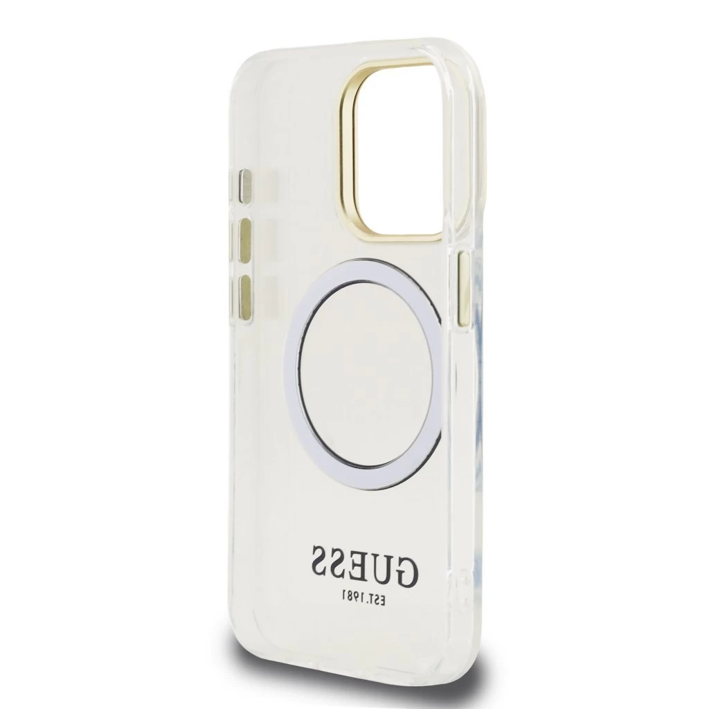 Guess IML Gold Outline Stand Camera Frame MagSafe tok iPhone 15 Pro készülékhez átlátszó