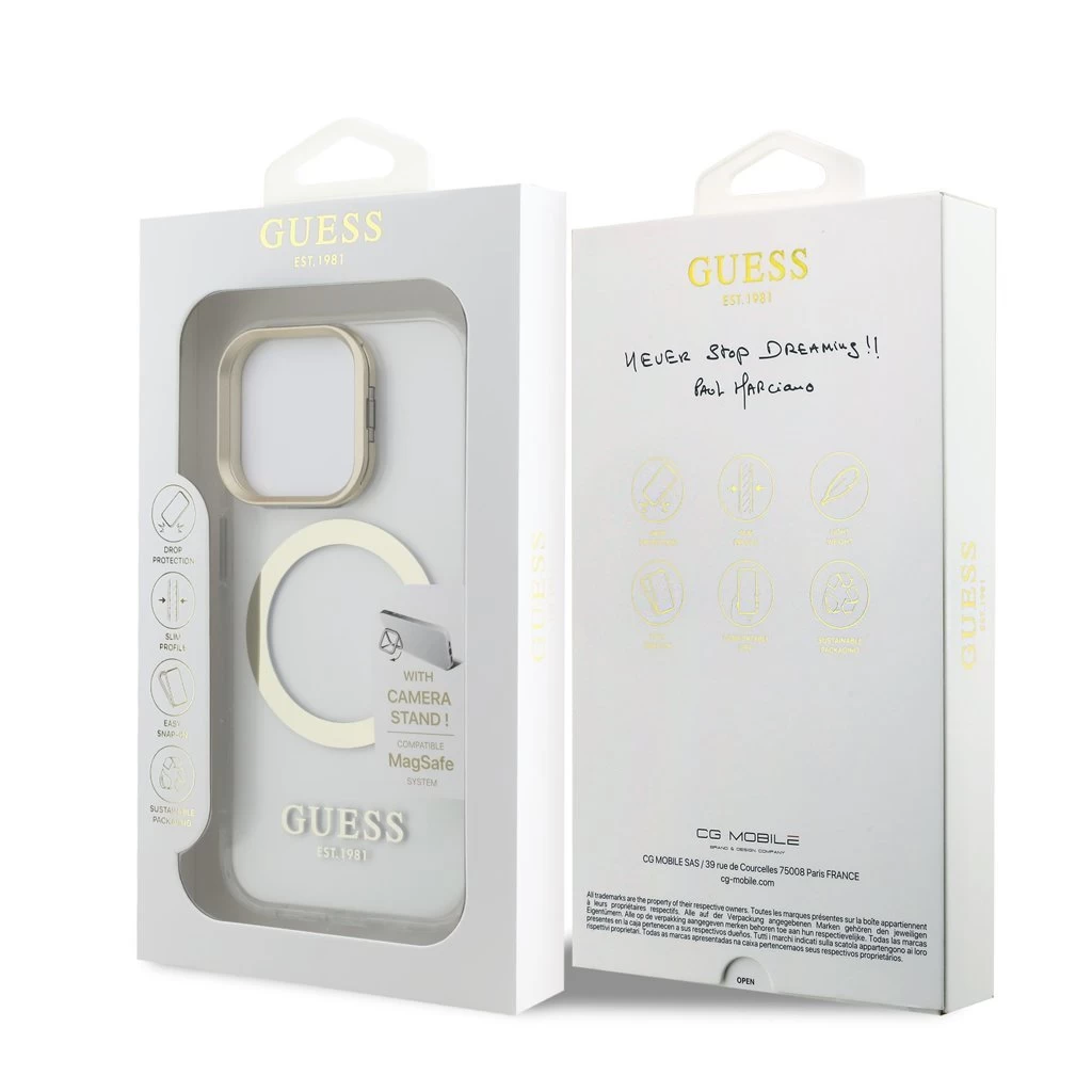 Guess IML Gold Outline Stand Camera Frame MagSafe tok iPhone 15 Pro készülékhez átlátszó