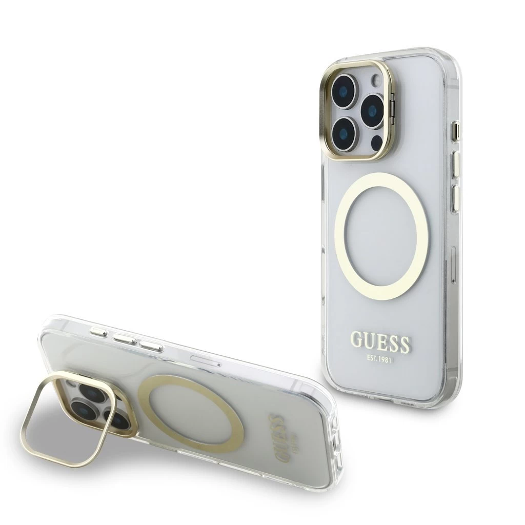 Guess IML Gold Outline Stand Camera Frame MagSafe tok iPhone 16 Pro készülékhez átlátszó