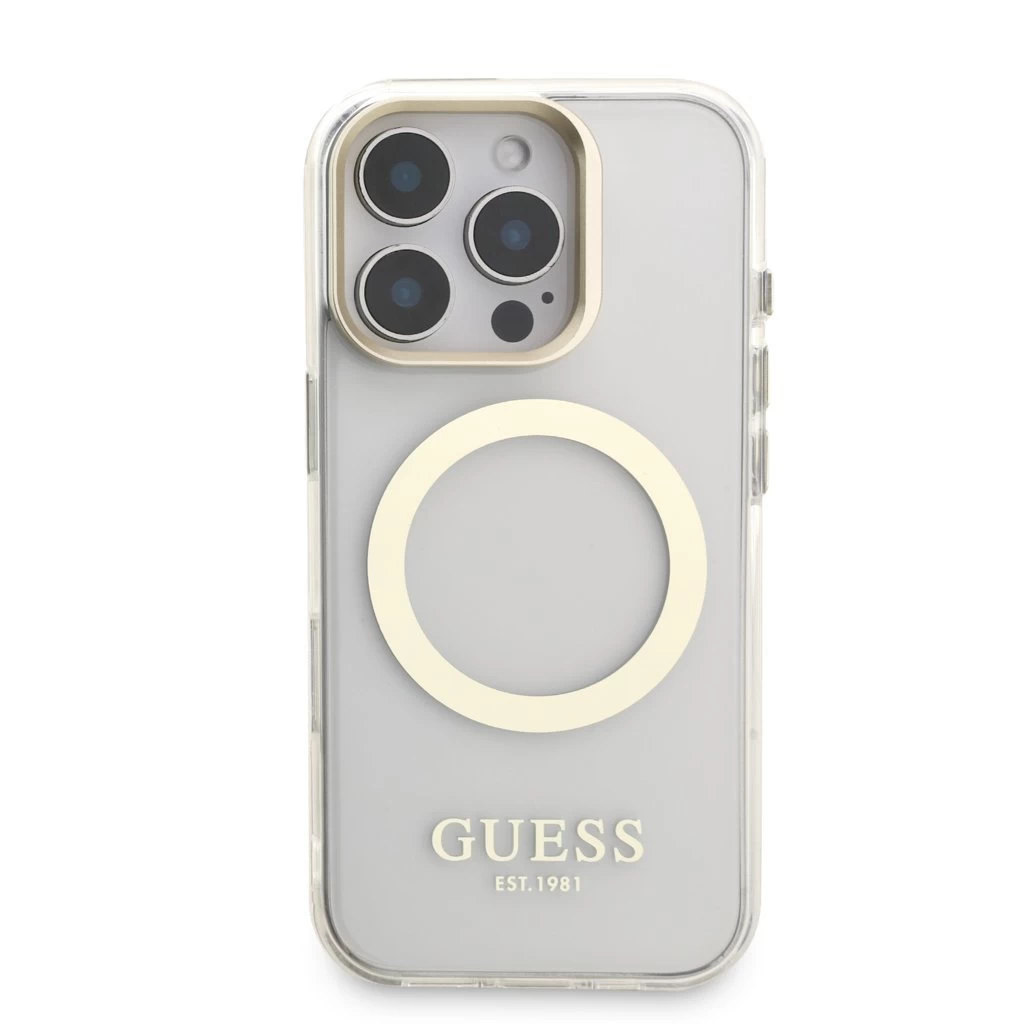 Guess IML Gold Outline Stand Camera Frame MagSafe tok iPhone 16 Pro Max készülékhez átlátszó