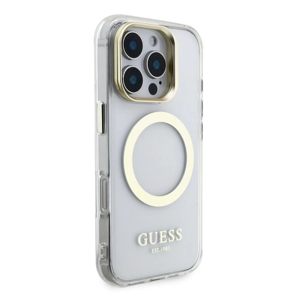 Guess IML Gold Outline Stand Camera Frame MagSafe tok iPhone 16 Pro Max készülékhez átlátszó