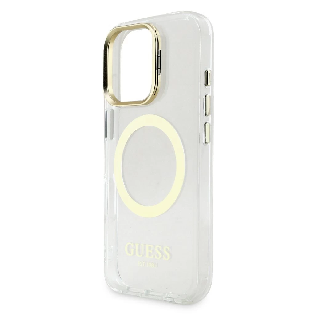 Guess IML Gold Outline Stand Camera Frame MagSafe tok iPhone 16 Pro Max készülékhez átlátszó