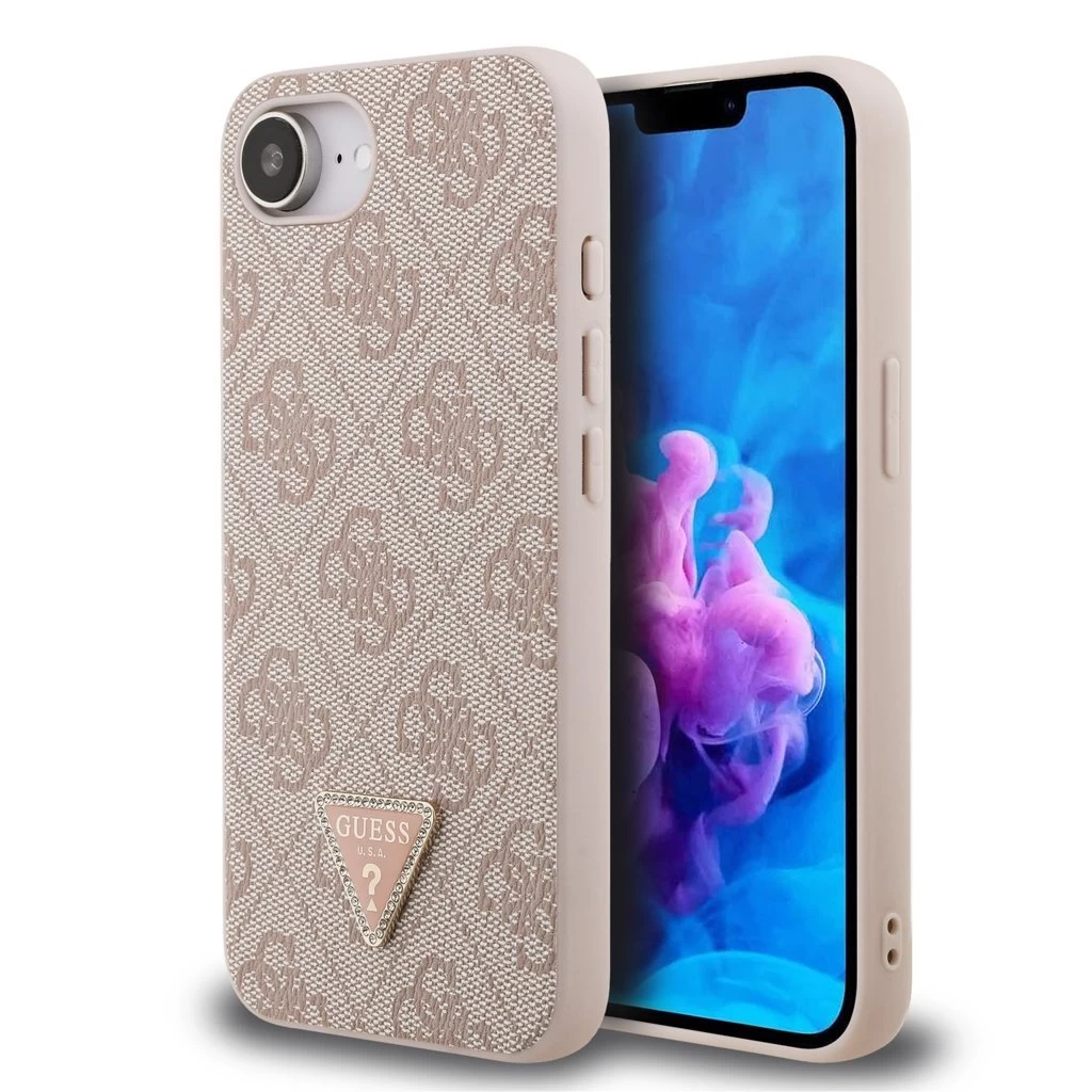 Guess PU 4G Strass Triangle Metal Logo tok iPhone 16e készülékhez rózsaszín