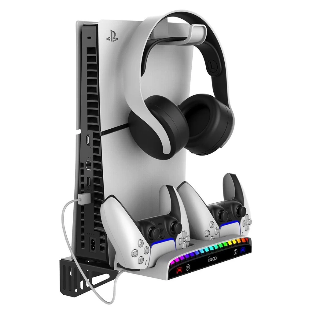 iPega P5S011 falra szerelhető állvány PS5/PS5 Slim/PS5 Pro készülékhez, Dual Charger Dock PS5 Controllerhez
